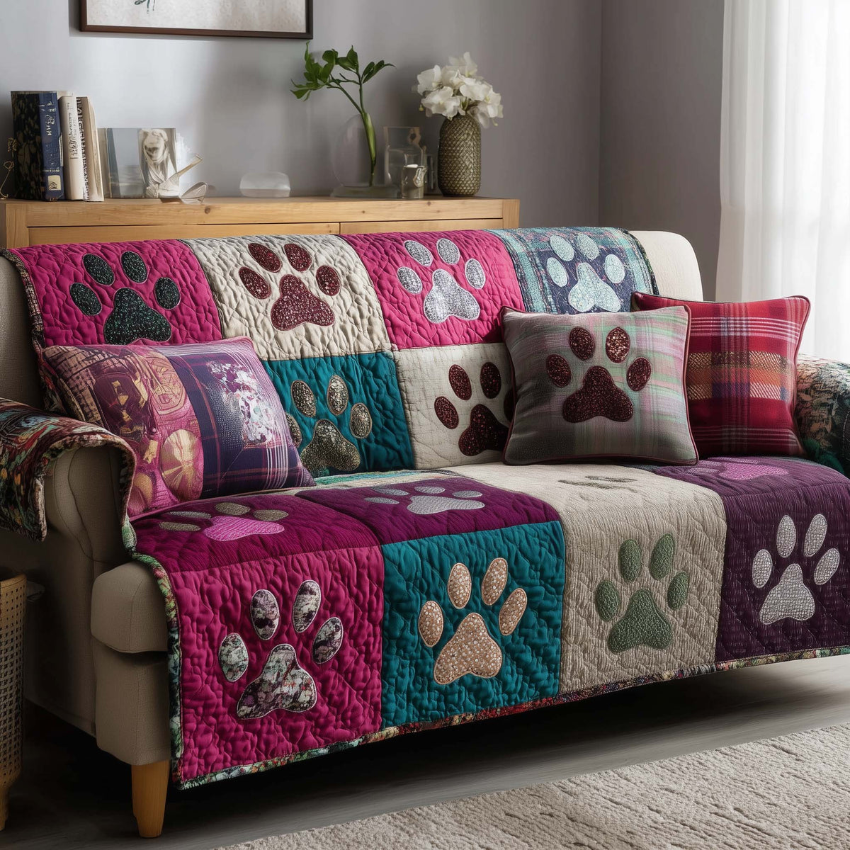 Paw Prints on Pink and Teal Squares Sofa Cover