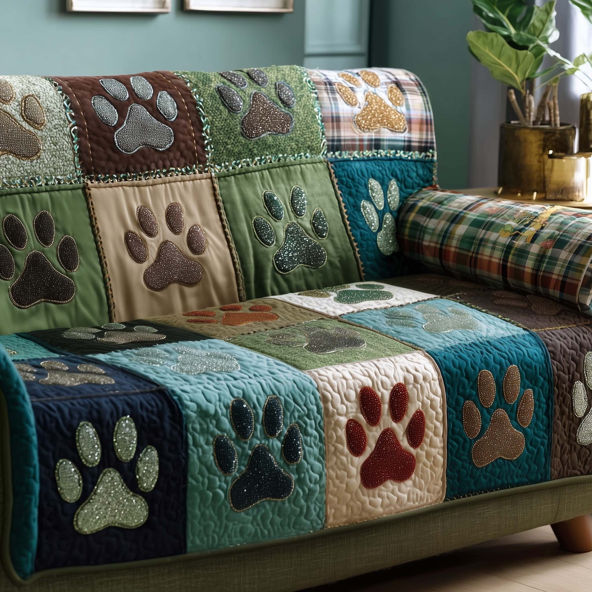 Paw Prints on Teal Patchwork Sofa Cover