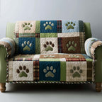 Paw Prints on Cream and Olive Patches Sofa Cover