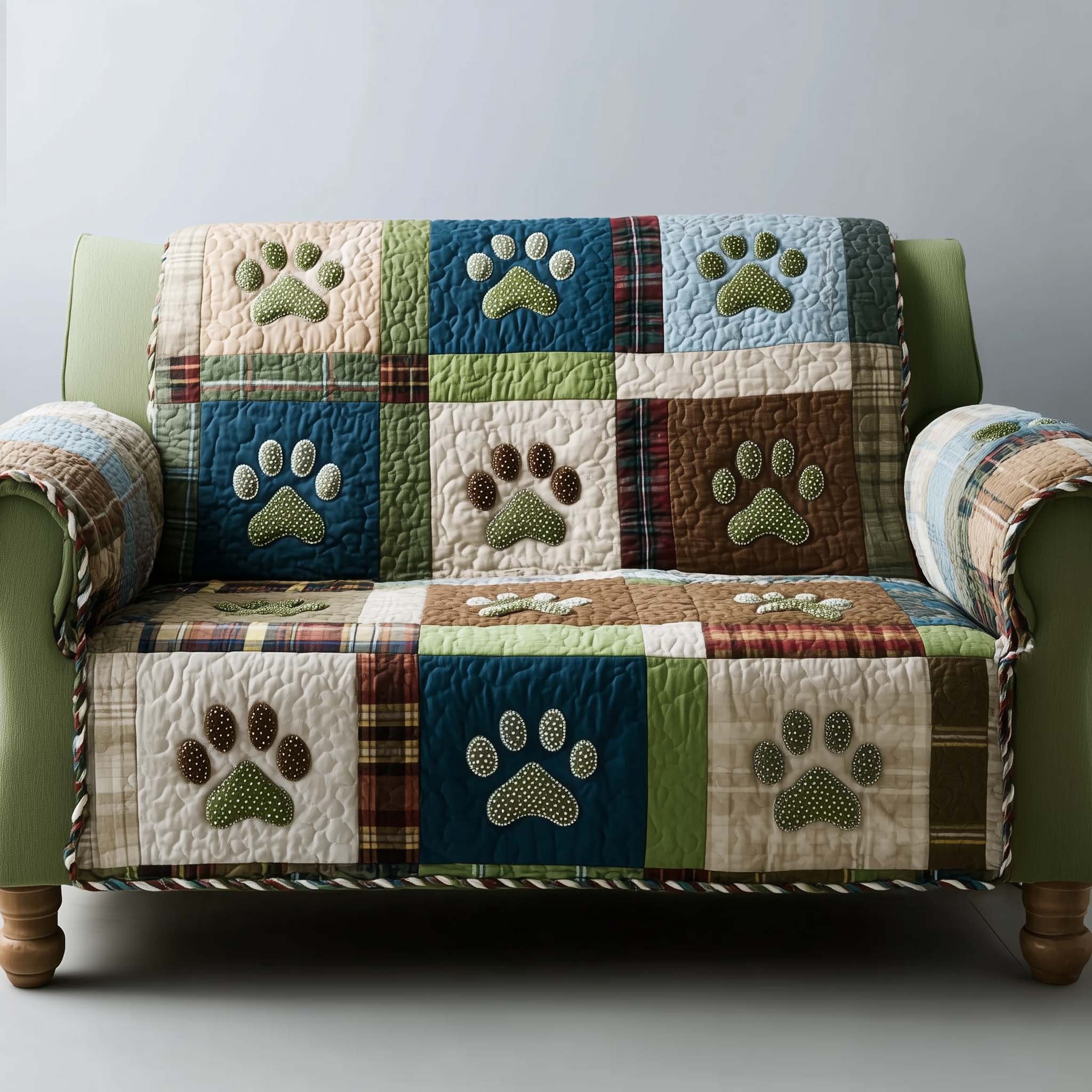 Paw Prints on Cream and Olive Patches Sofa Cover