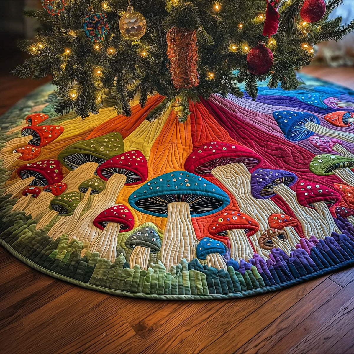 Bright Mushrooms on Rainbow Field Christmas Tree Skirt