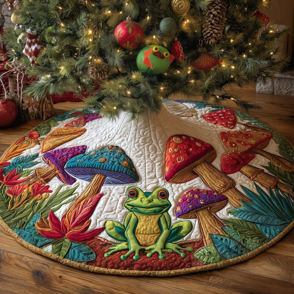 Mushrooms and Frogs on White Christmas Tree Skirt