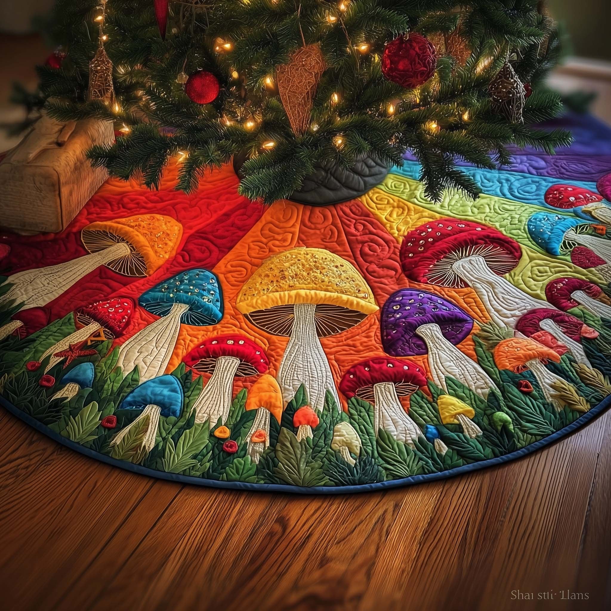 Mushrooms Under a Sunset Sky Christmas Tree Skirt