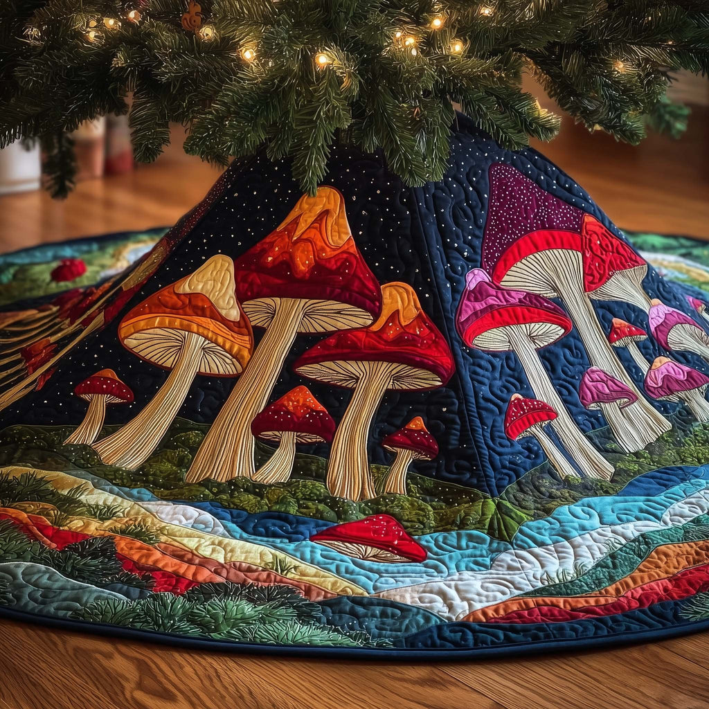 Tall Mushrooms on Deep Blue Christmas Tree Skirt