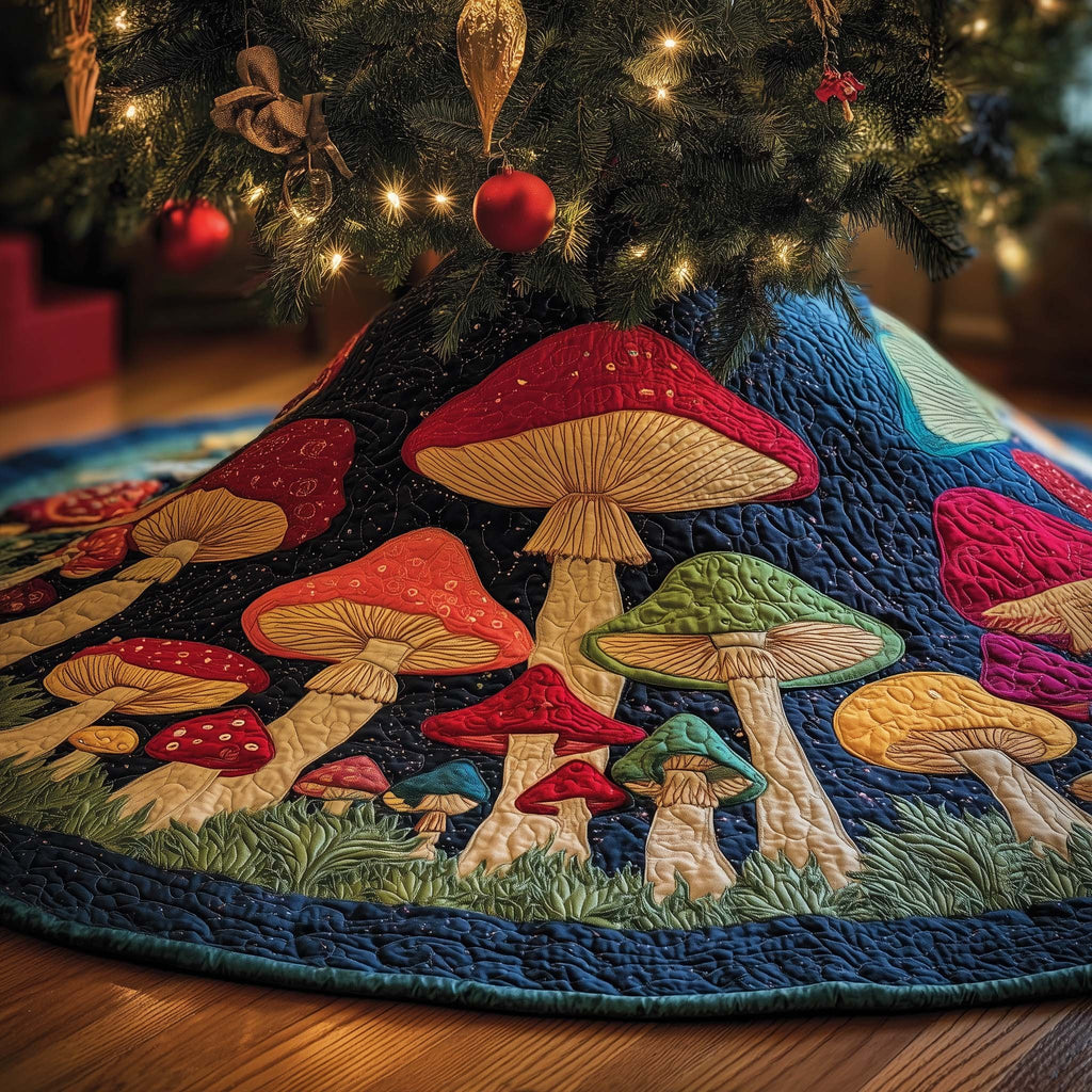 Mushrooms on Navy Grass Field Christmas Tree Skirt