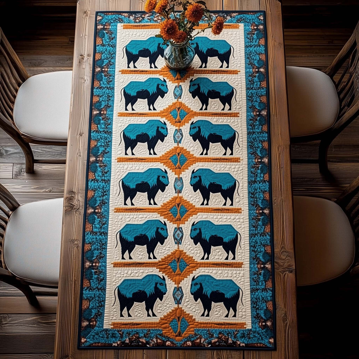 Bison Rows on Turquoise Southwest Panel Table Runner