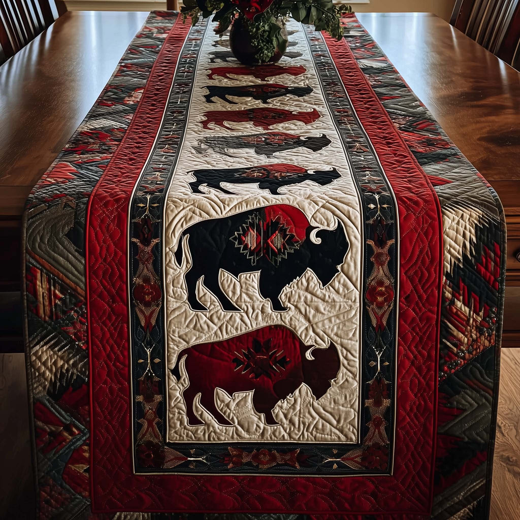 Black and Red Bison on Cream Table Runner