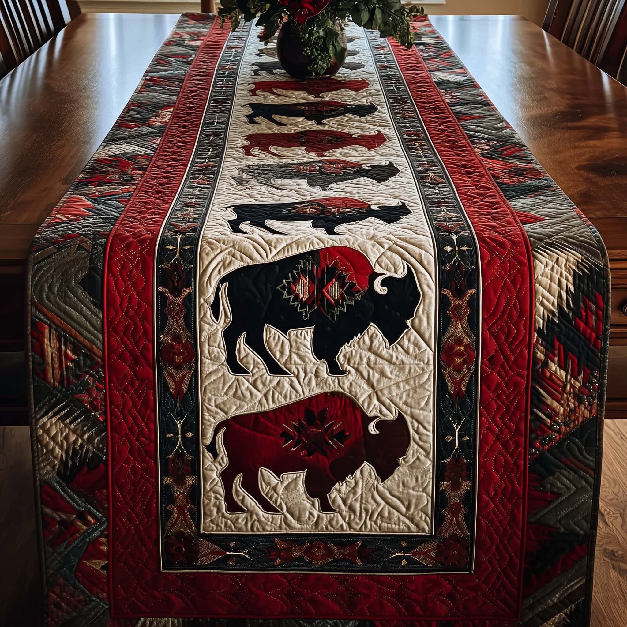 Black and Red Bison on Cream Table Runner
