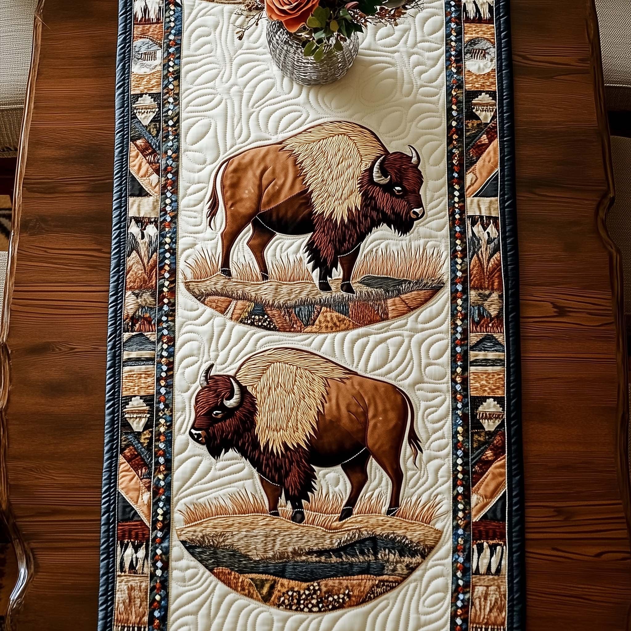 Brown Bison in Cream Ovals Table Runner