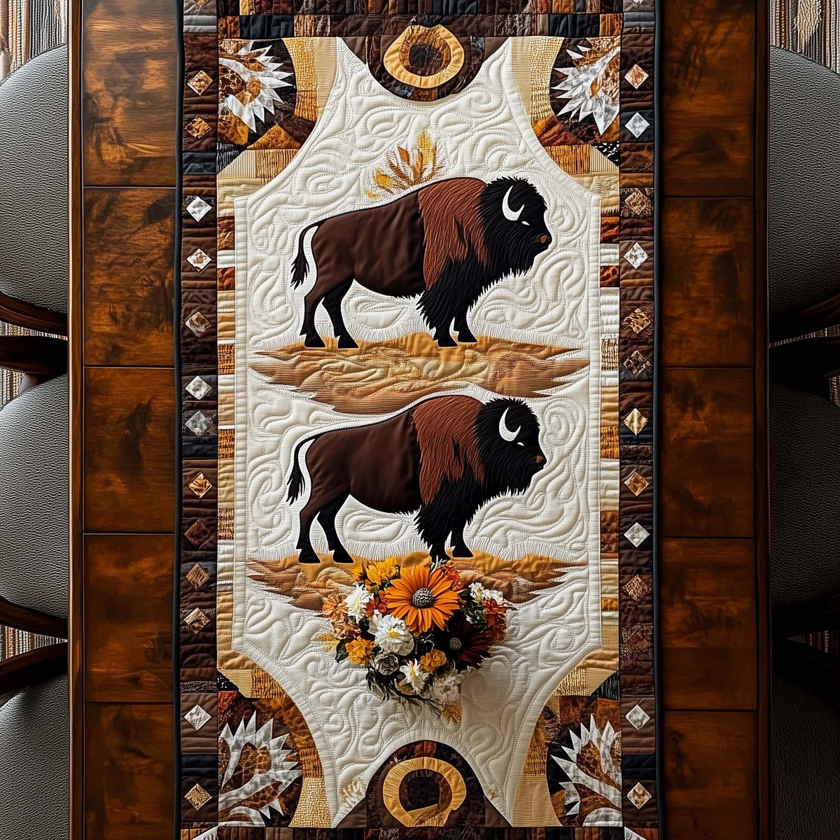 Bison Above Golden Sunflowers Table Runner