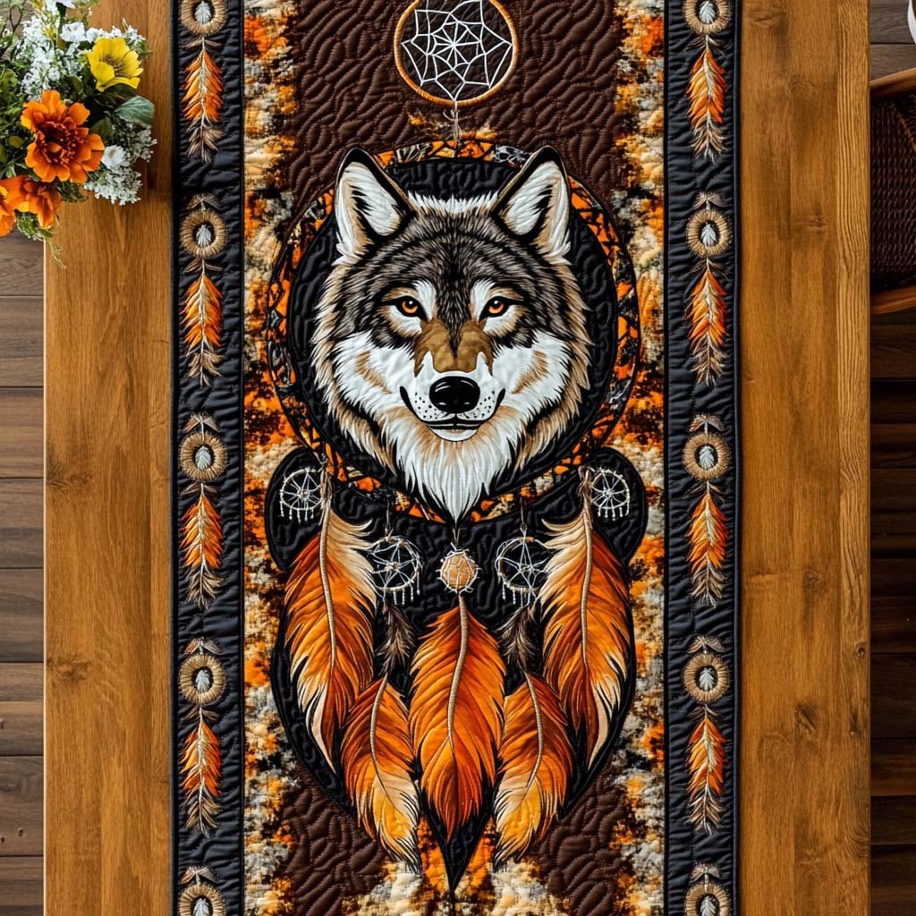 Wolf with Orange Feather Dreamcatcher Table Runner