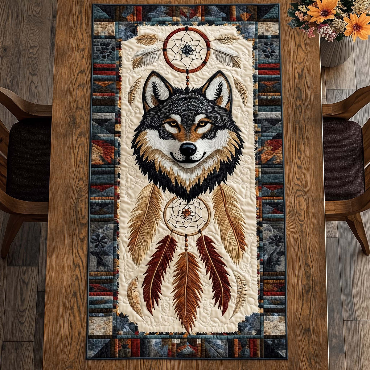 Wolf and Dreamcatcher on Cream Table Runner