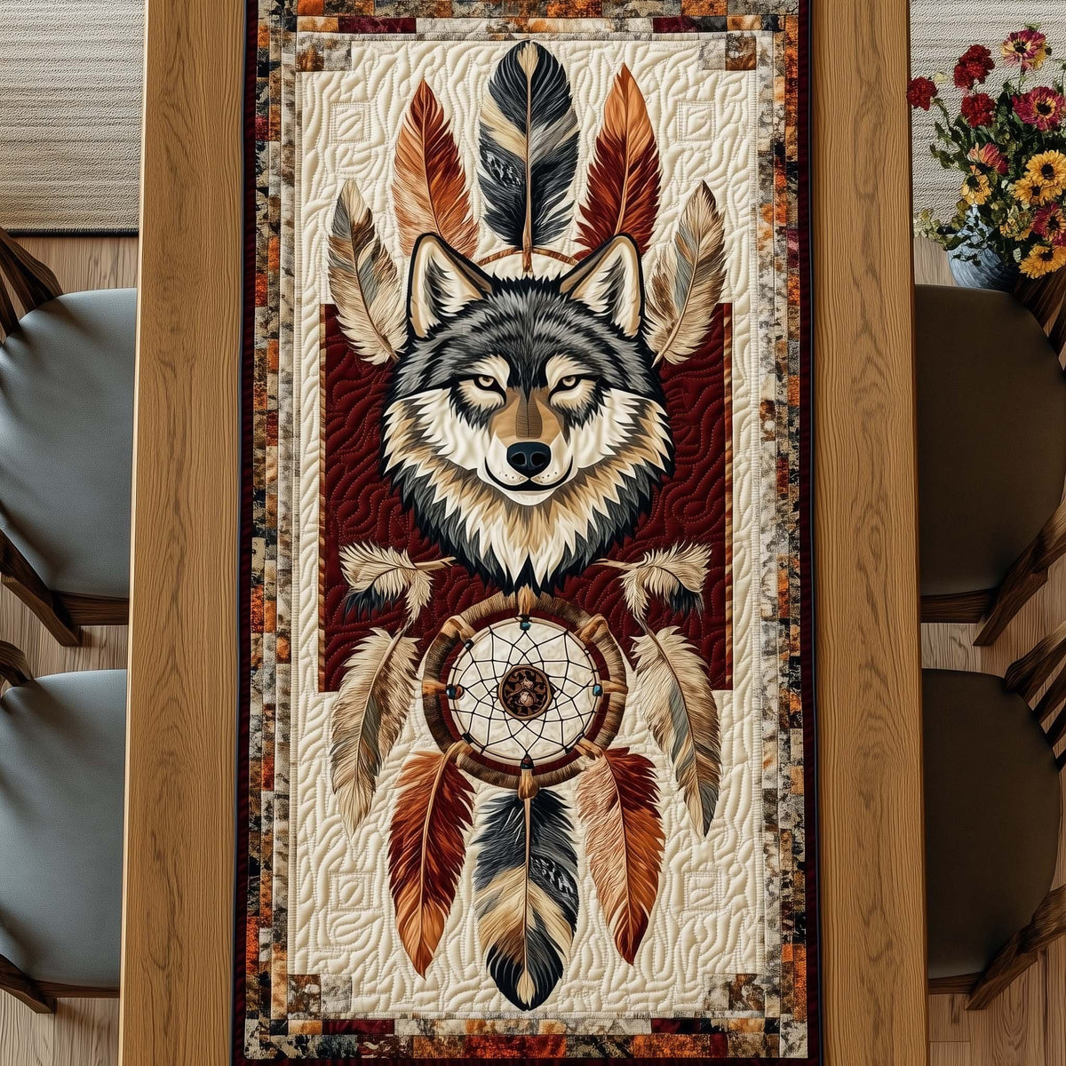 Wolf with Red Dreamcatcher Table Runner