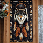 Wolf with Feathers on Black Table Runner