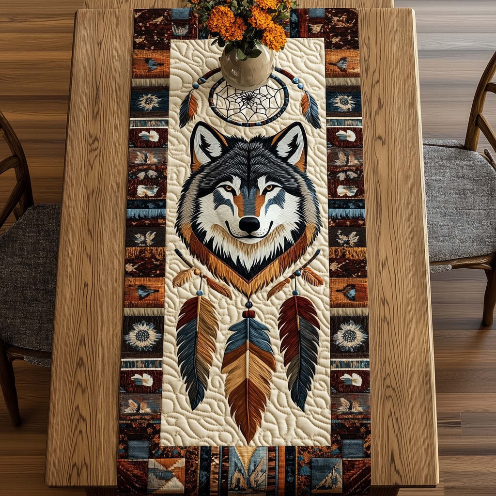 Wolf with Blue Feather Dreamcatcher Table Runner