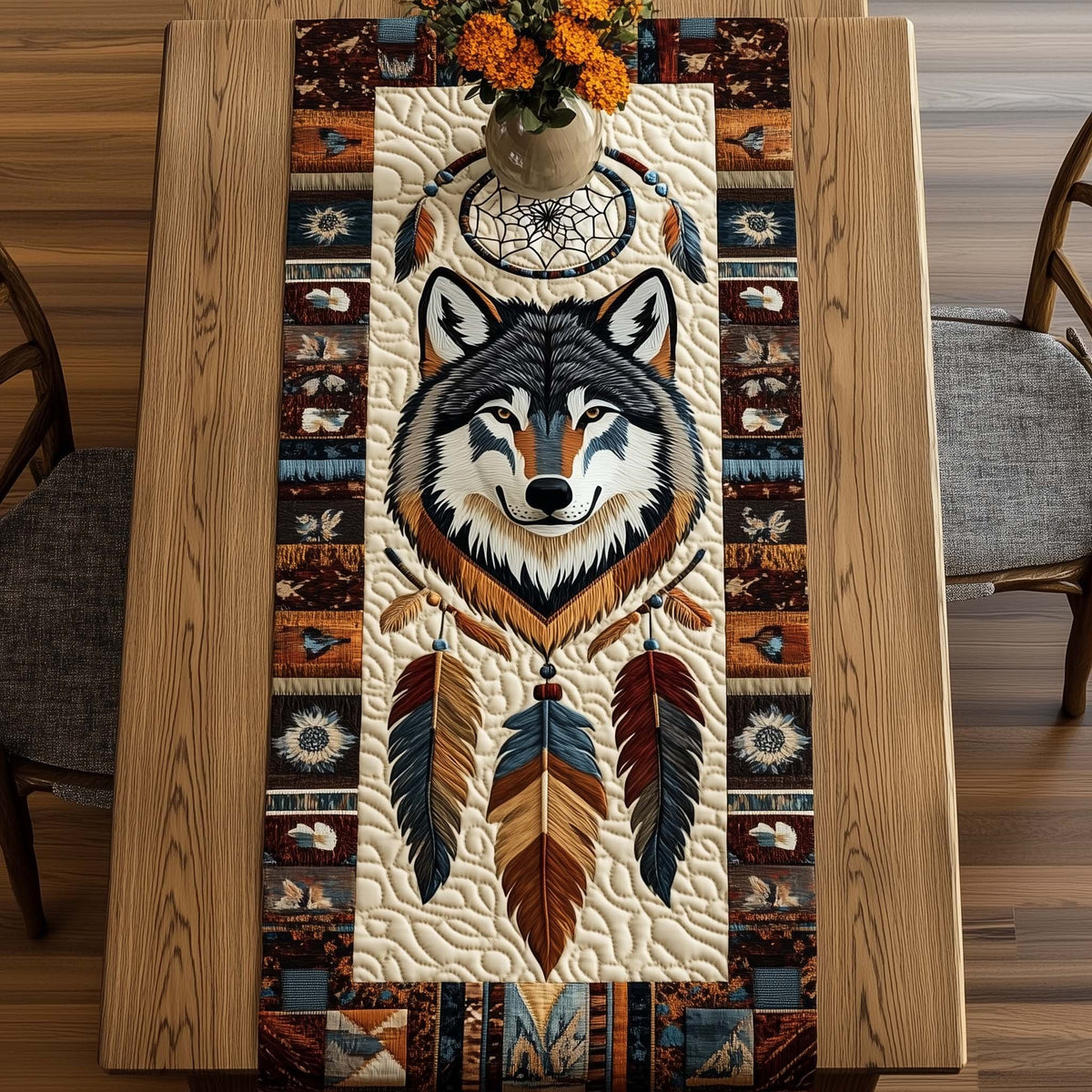 Wolf with Blue Feather Dreamcatcher Table Runner