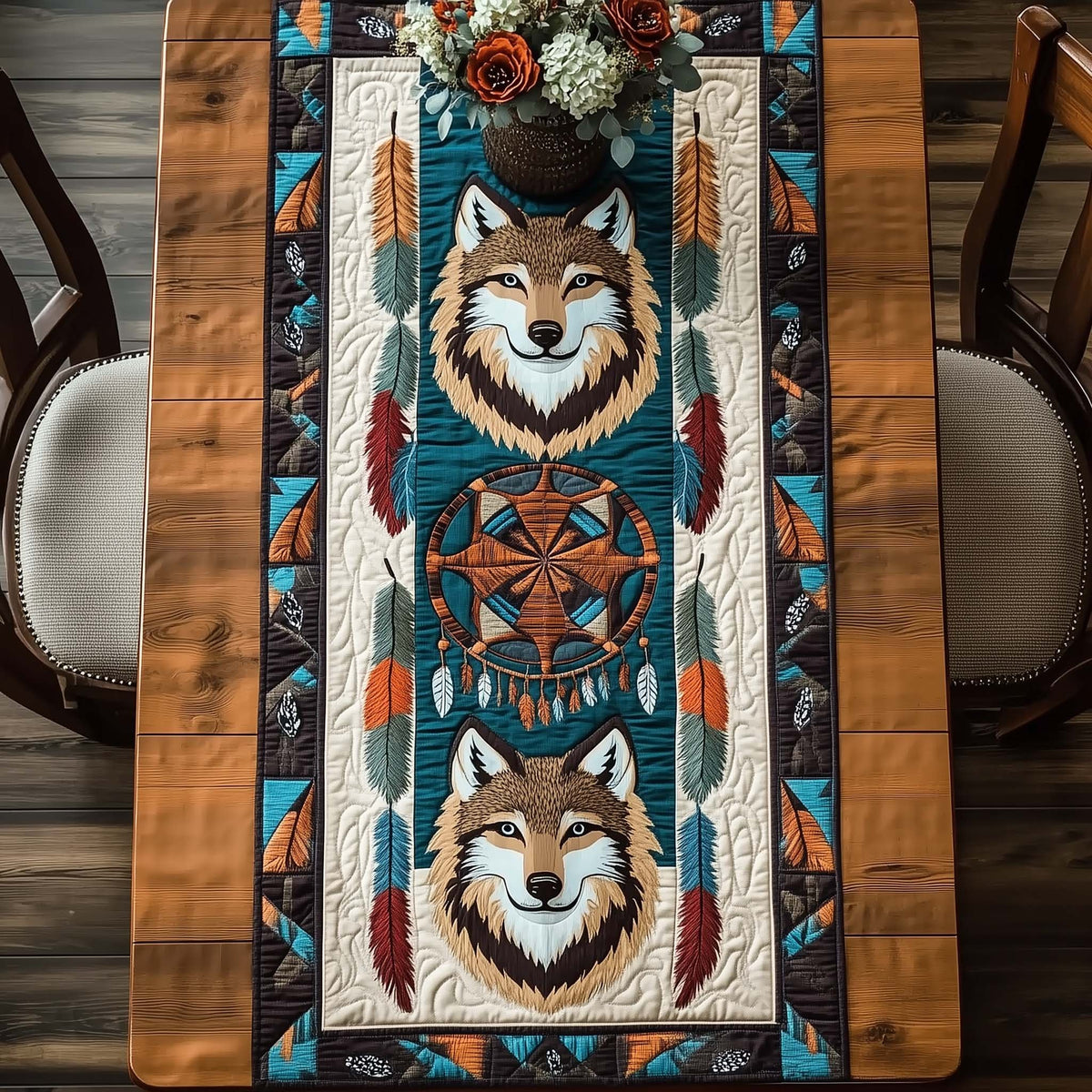 Two Wolves with Teal Dreamcatcher Table Runner