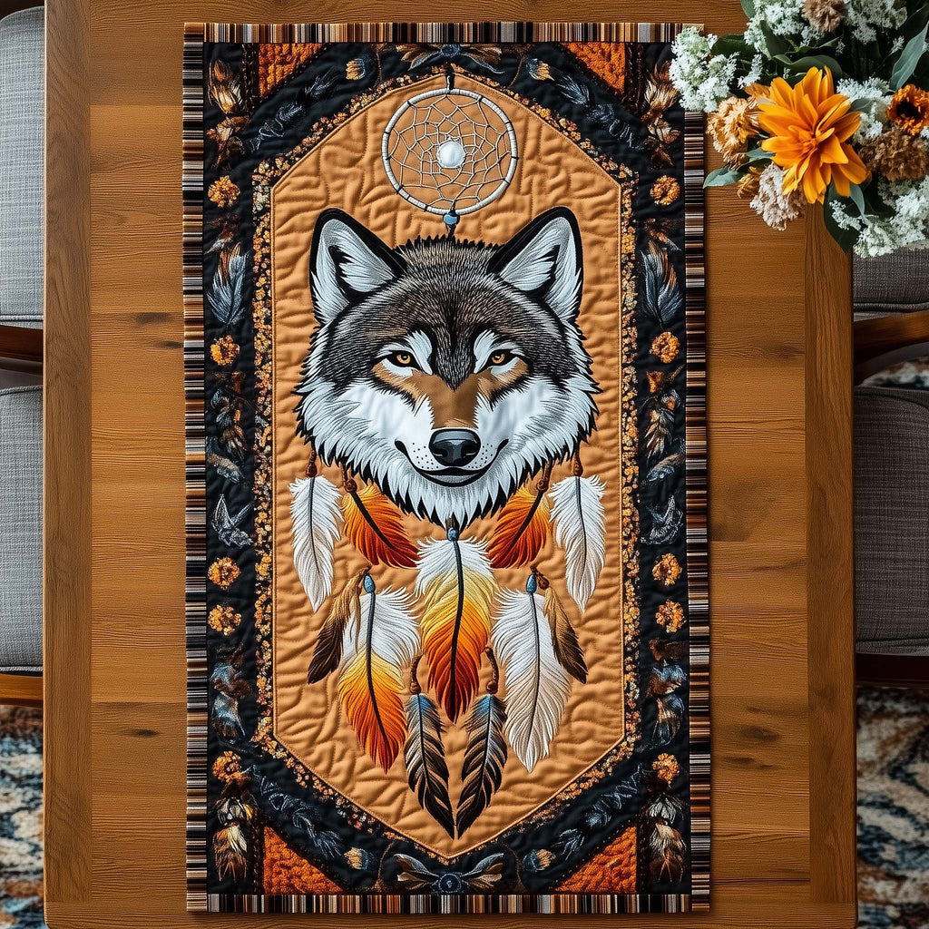 Wolf with Dreamcatcher on Orange Table Runner