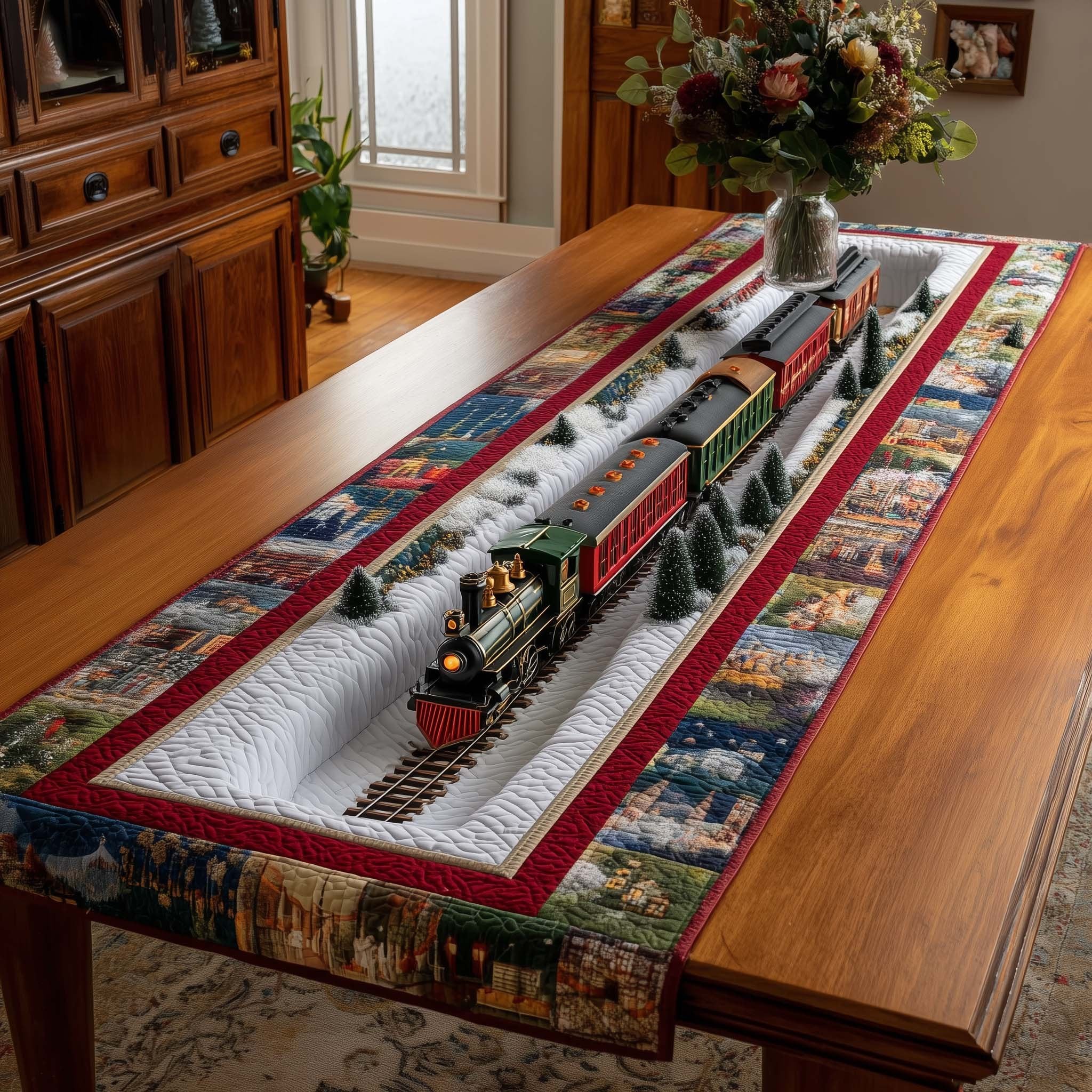 Toy Train with Red Border Table Runner