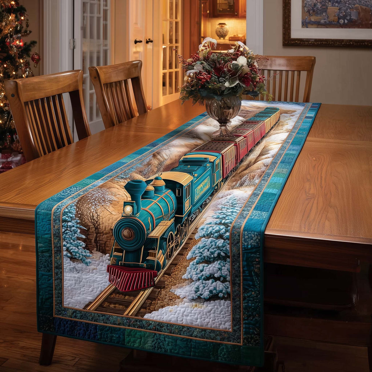 Teal Locomotive on Snowy Rails Table Runner