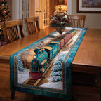 Teal Locomotive on Snowy Rails Table Runner