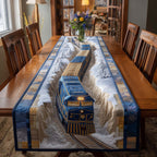 Blue Train on White Snowfield Table Runner