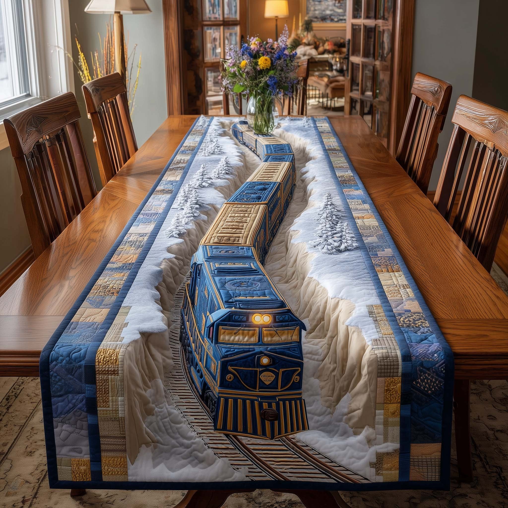 Blue Train on White Snowfield Table Runner