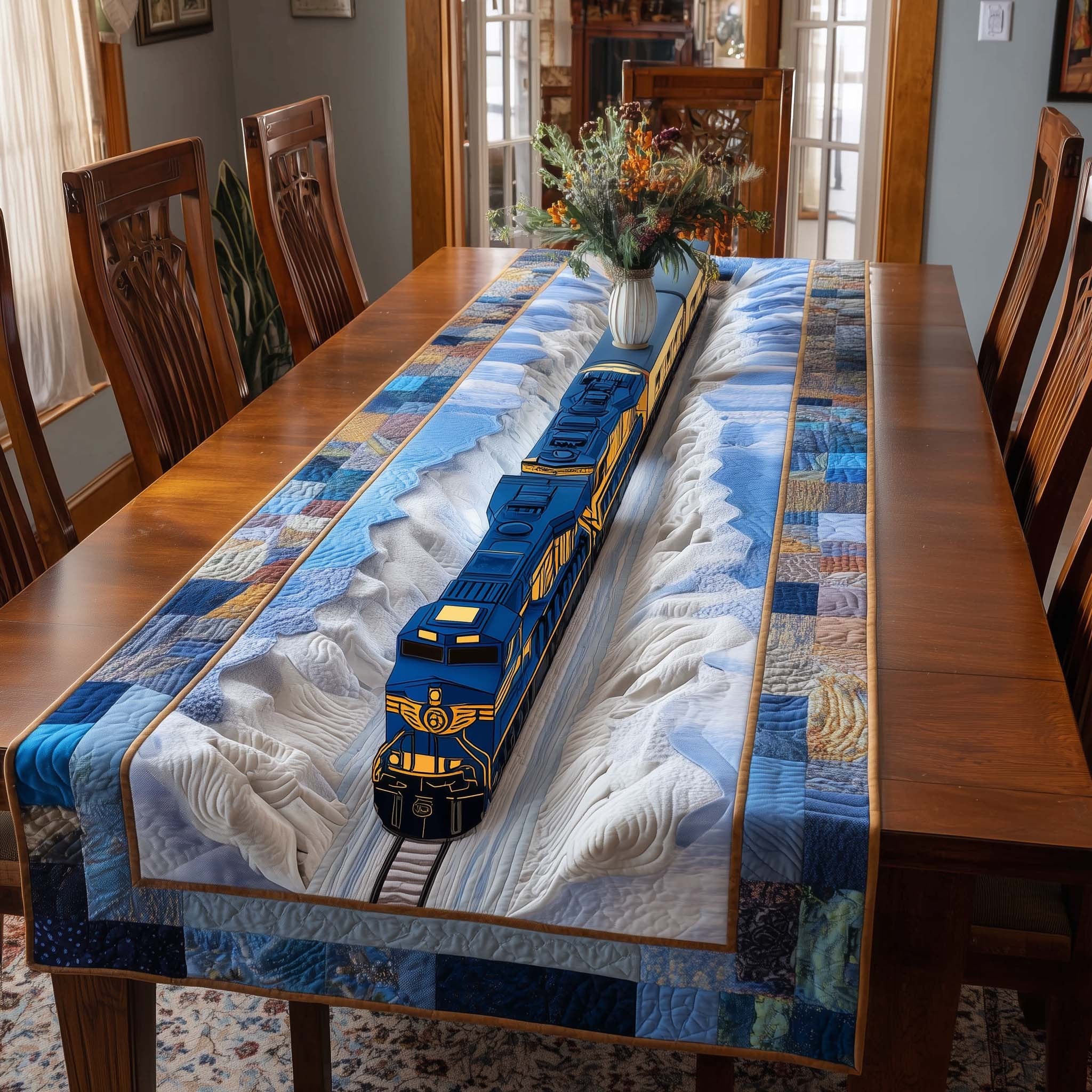 Blue Train with Patchwork Border Table Runner