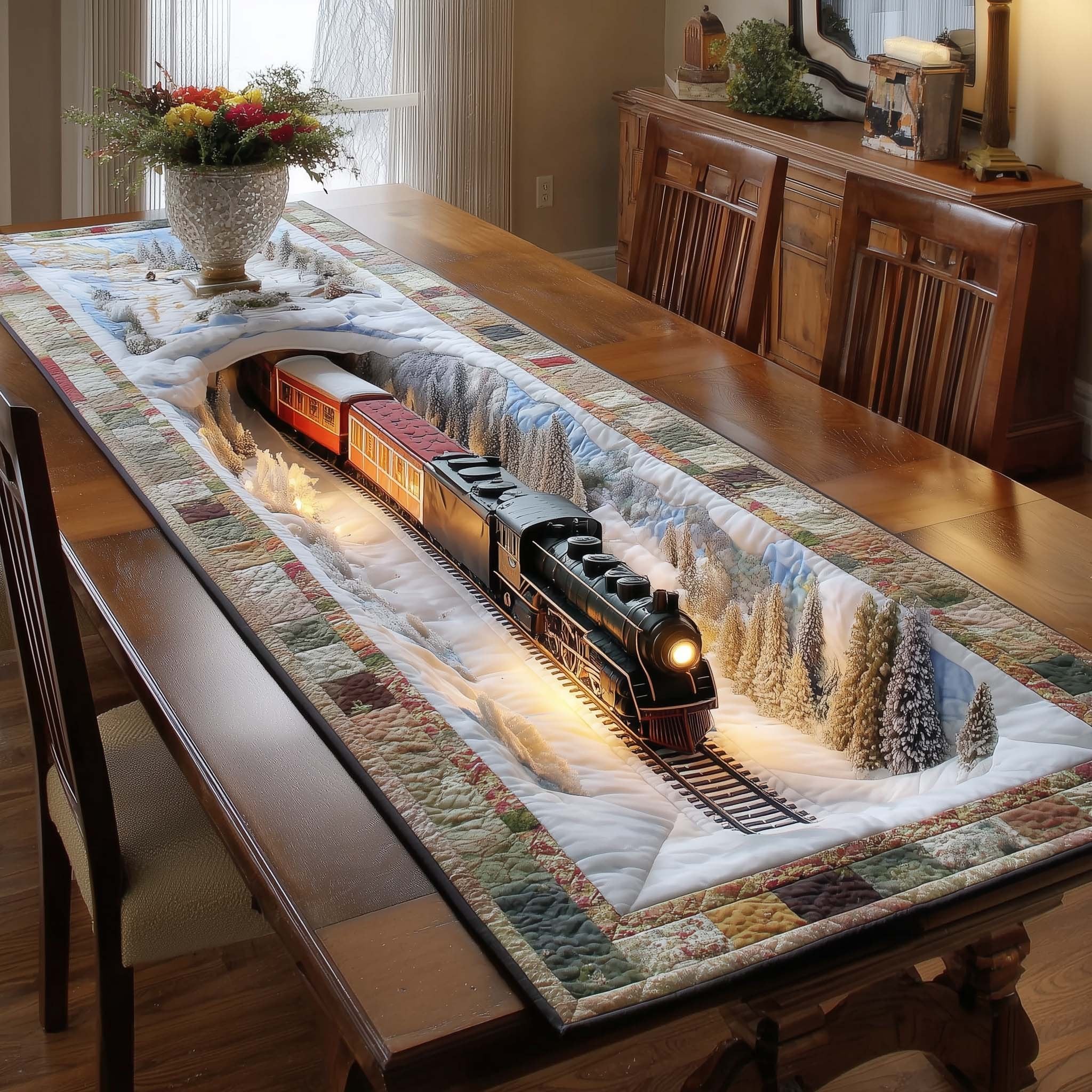 Train Entering a Snowy Tunnel Table Runner