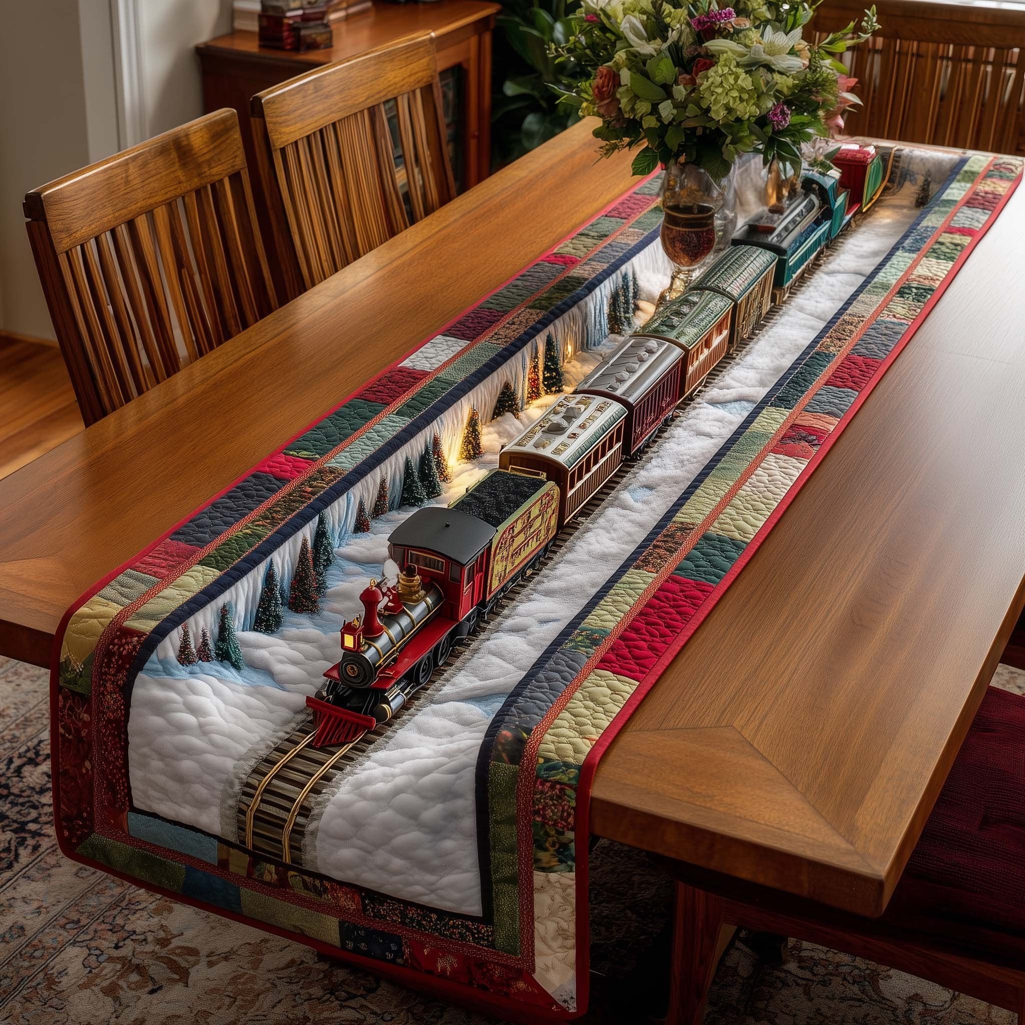 Red Locomotive with Striped Border Table Runner