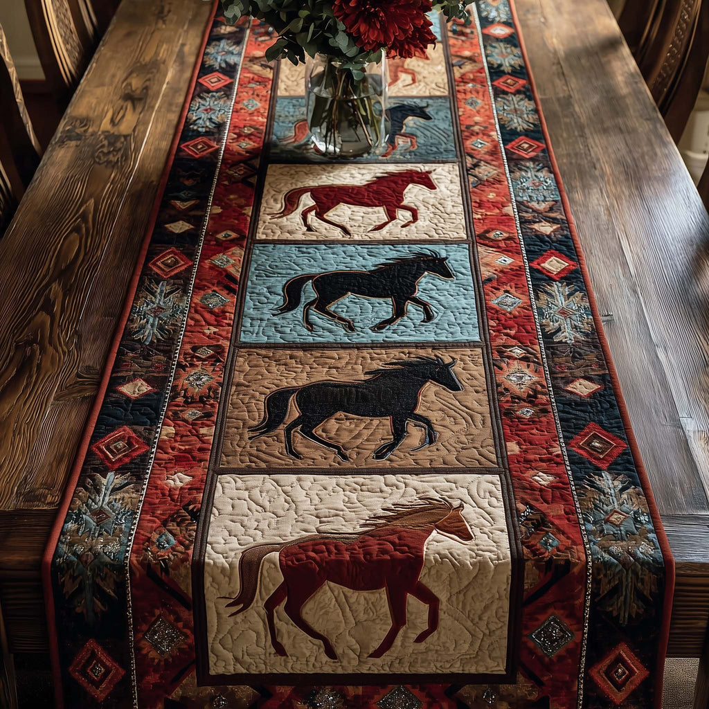 Horses in Red and Blue Blocks Table Runner