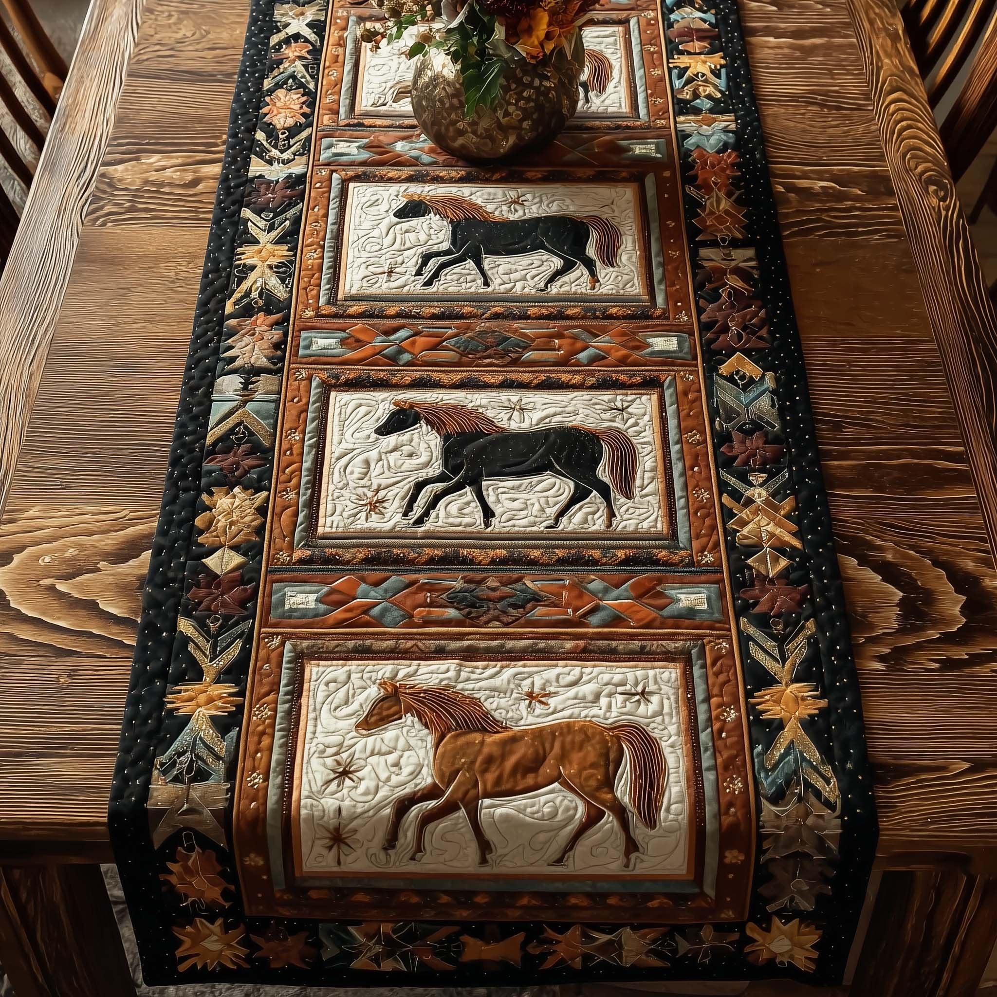 Horses in Cream Quilt Blocks Table Runner