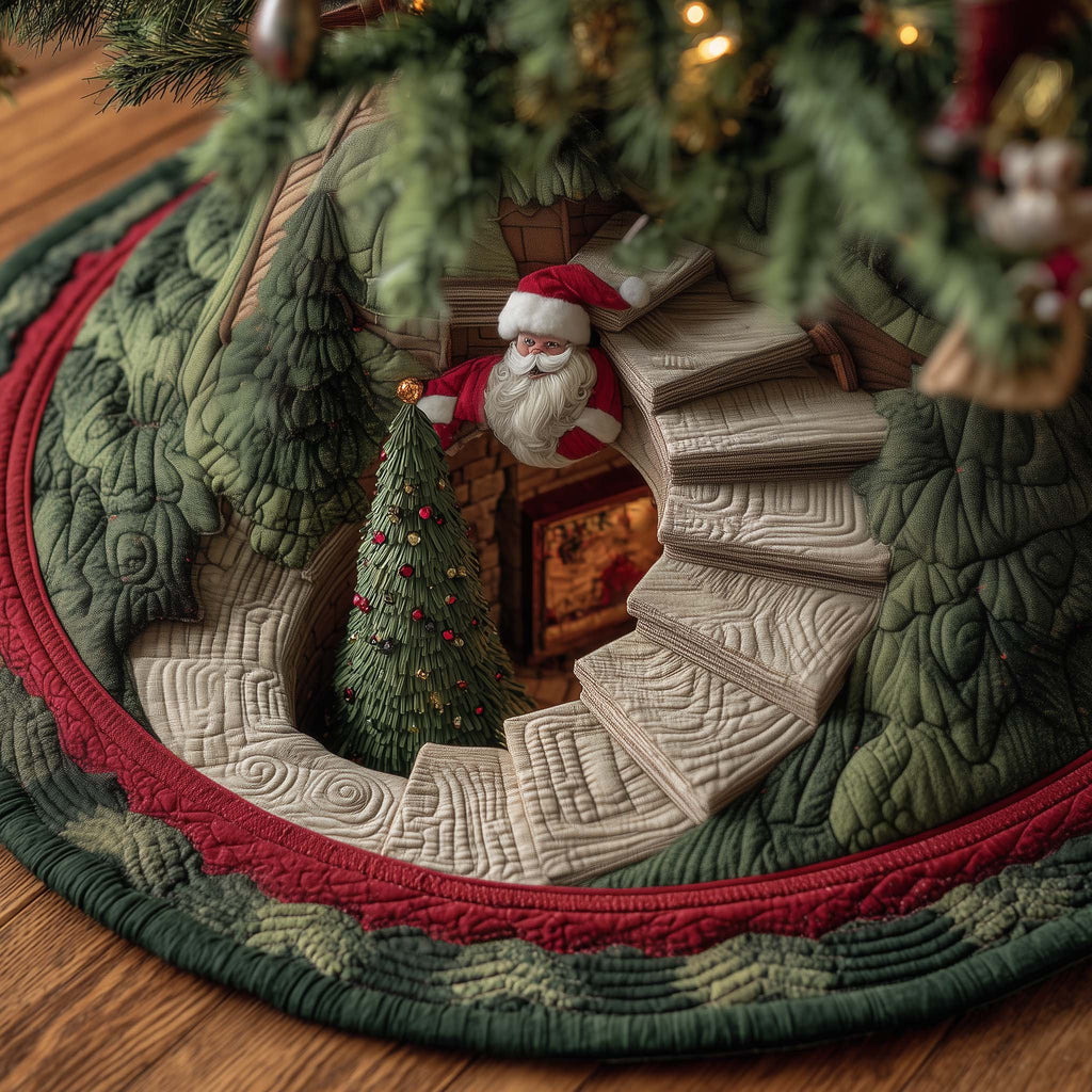Santa at the Cottage Stairwell Christmas Tree Skirt