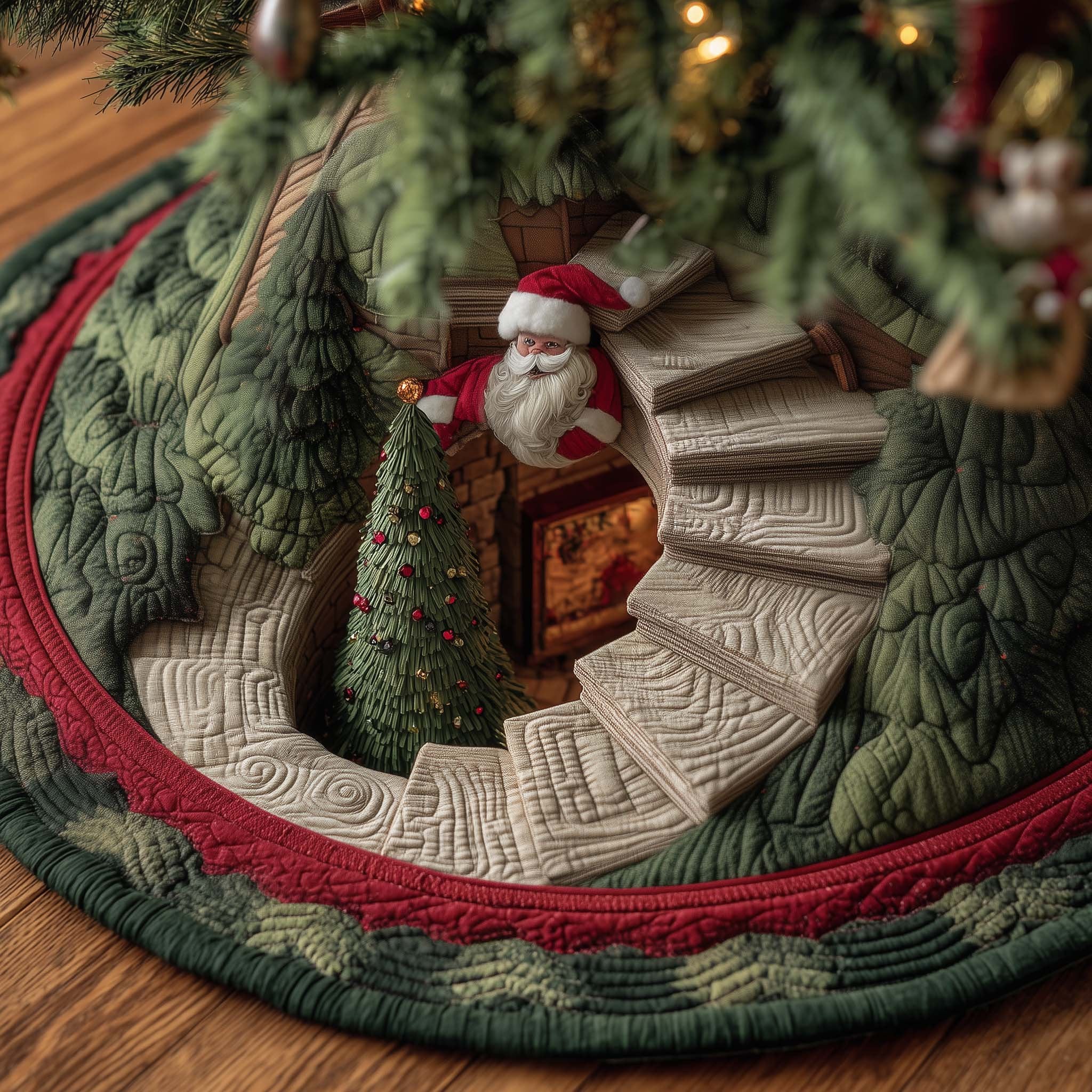 Santa at the Cottage Stairwell Christmas Tree Skirt