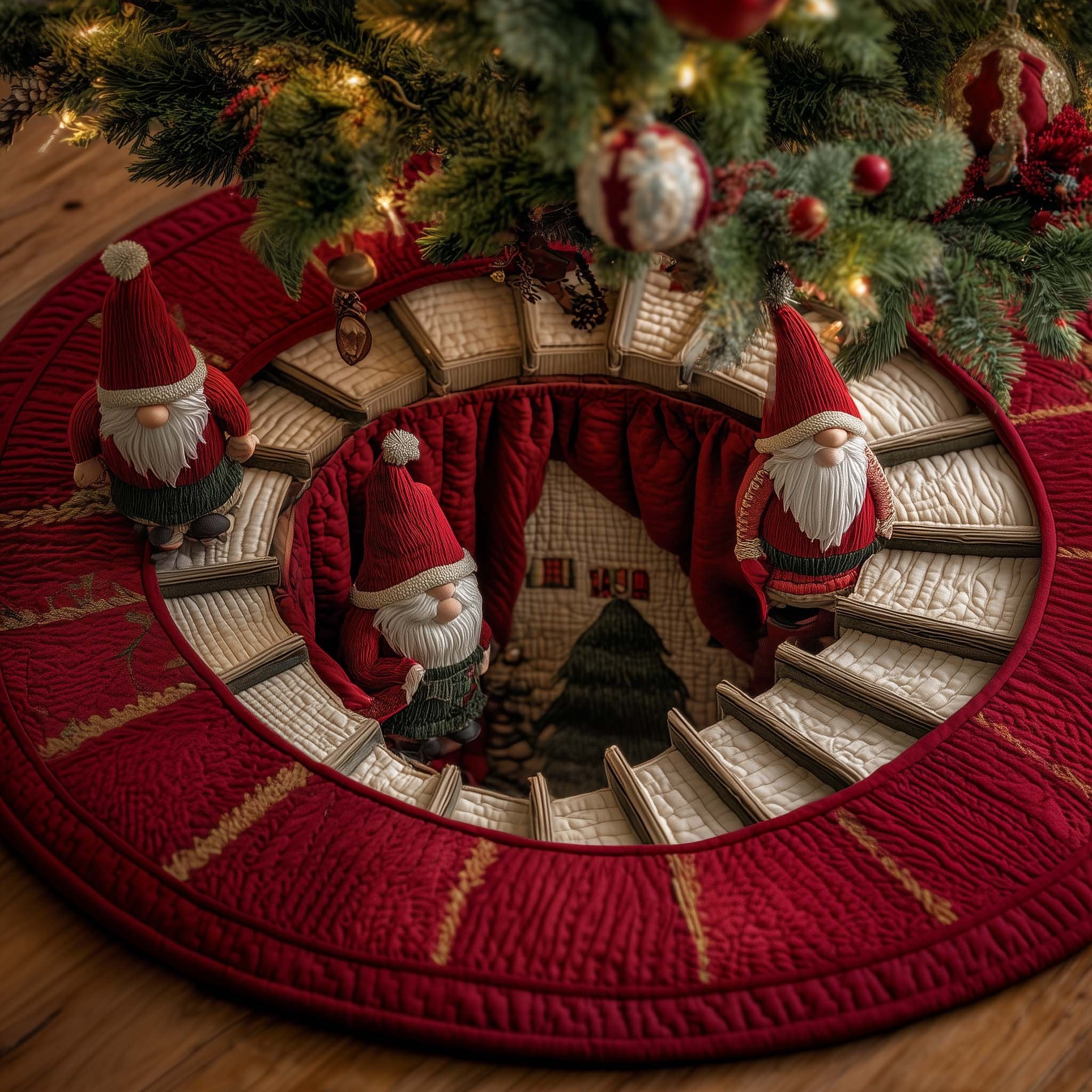 Gnomes on the Red Rim Staircase Christmas Tree Skirt