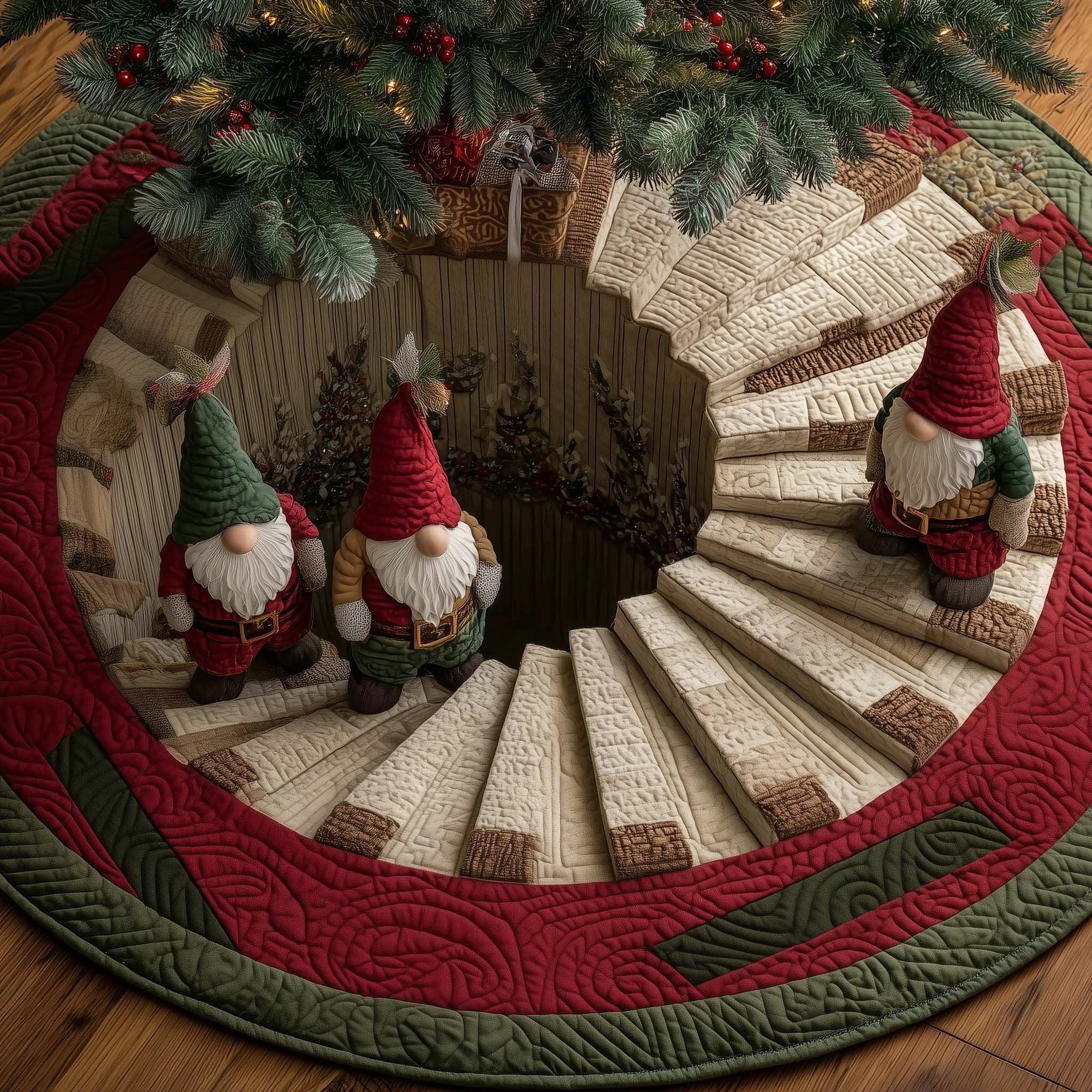 Gnomes Round the Spiral Well Christmas Tree Skirt