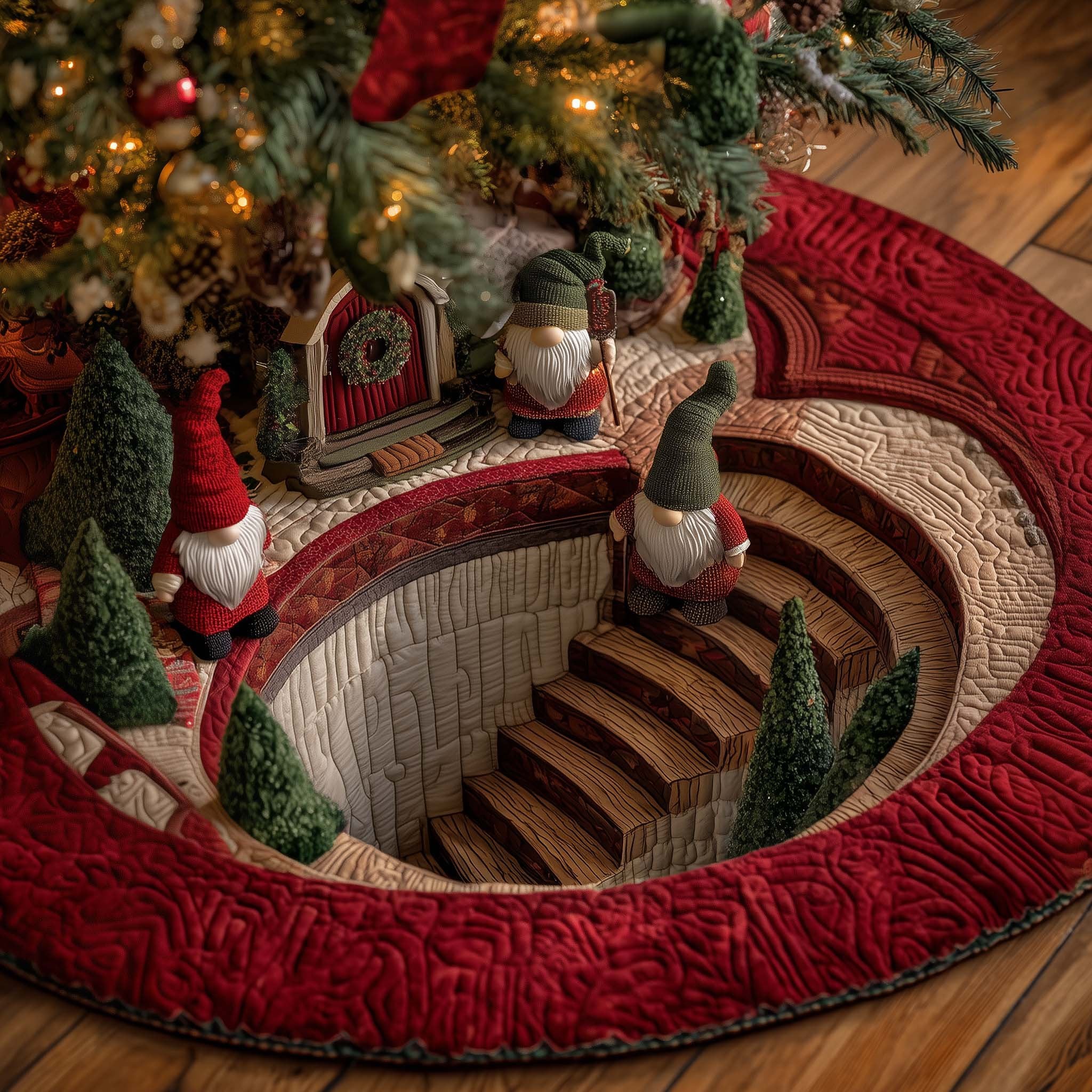 Gnomes at the Crimson Stairwell Christmas Tree Skirt