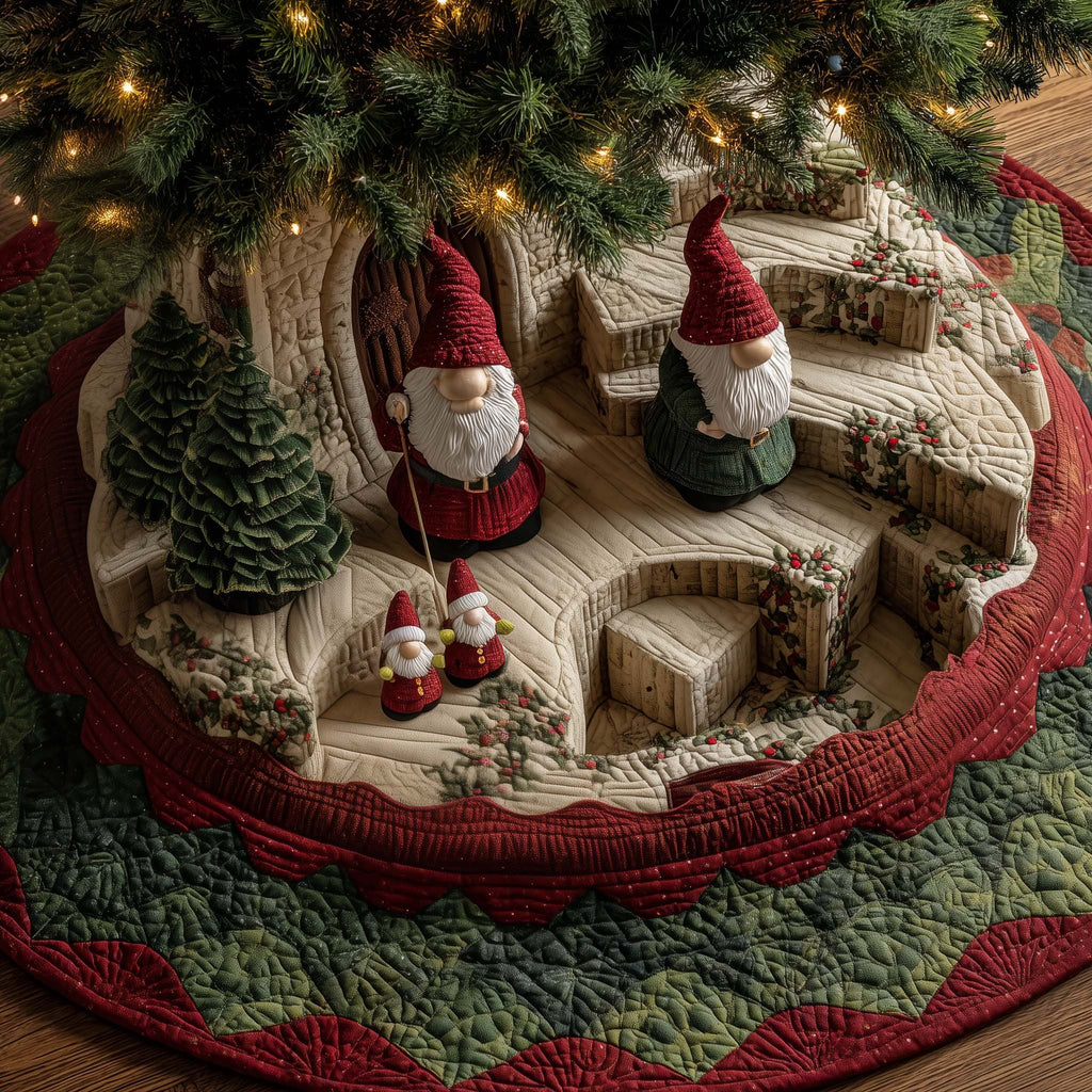 Gnomes on the Stepped Terrace Christmas Tree Skirt