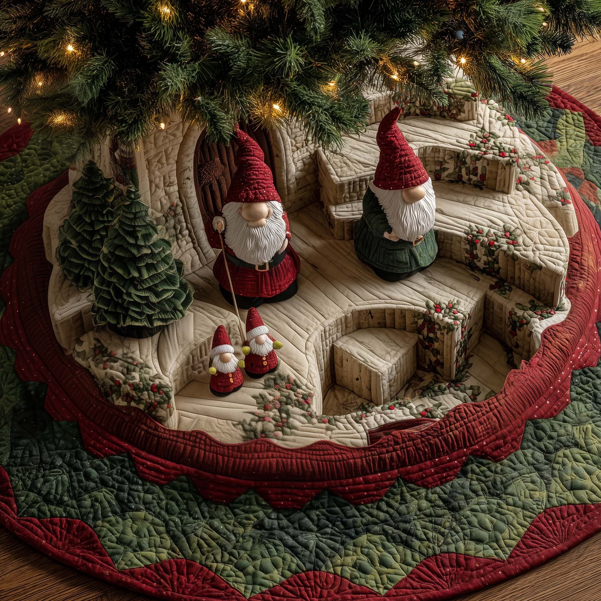 Gnomes on the Stepped Terrace Christmas Tree Skirt