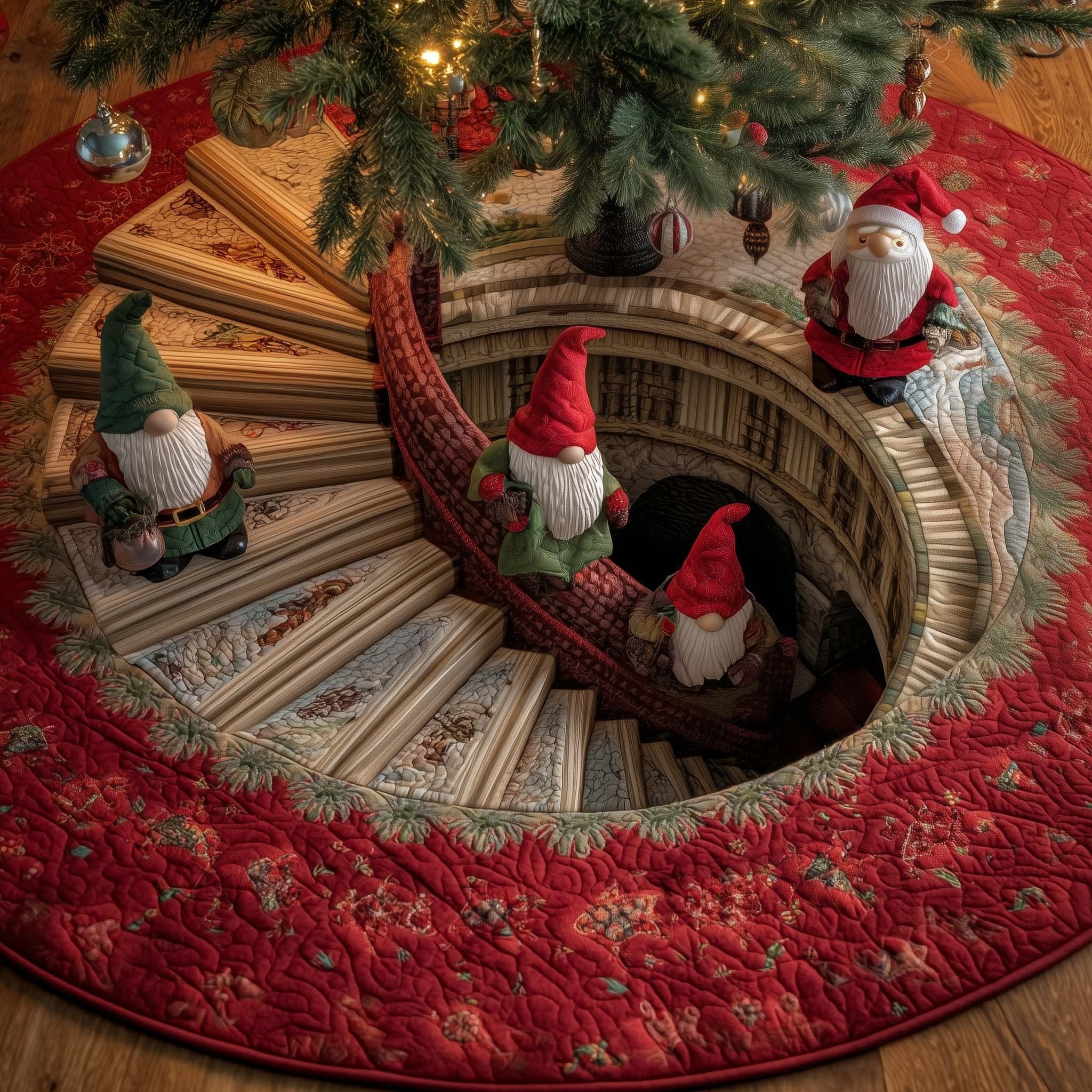 Gnomes Climbing the Snow Stair Christmas Tree Skirt