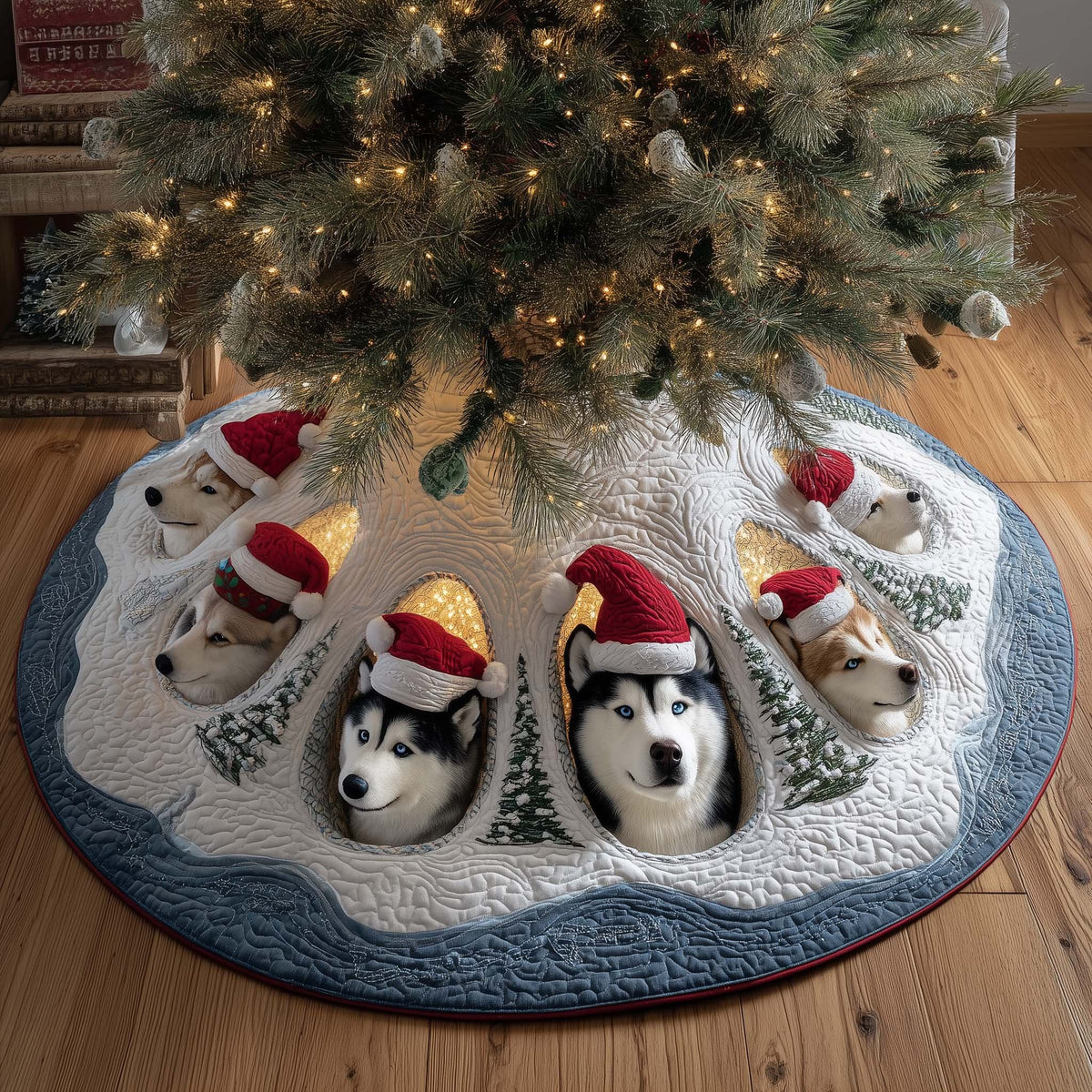 Husky Puppies in Santa Hats on White Christmas Tree Skirt