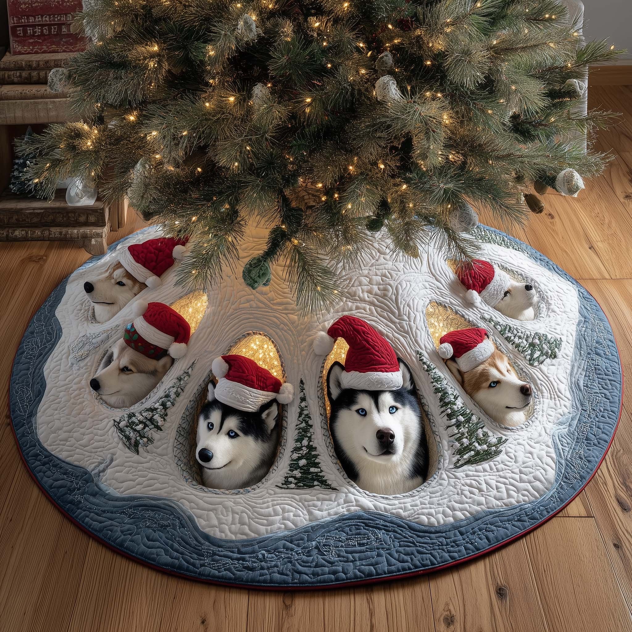 Husky Puppies in Santa Hats on White Christmas Tree Skirt