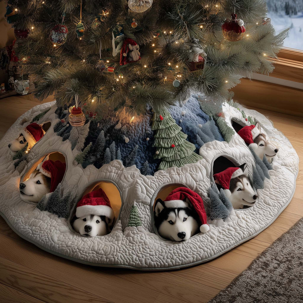 Huskies Peeking from Snowy Burrows Christmas Tree Skirt