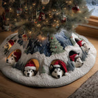 Huskies Peeking from Snowy Burrows Christmas Tree Skirt