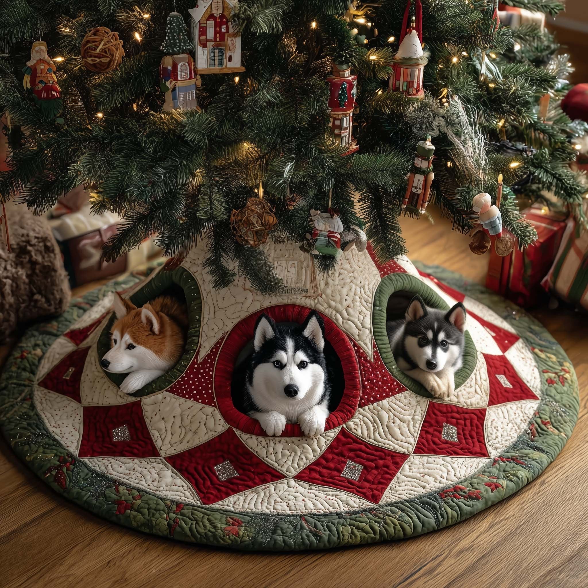 Huskies in the Red Diamond Patchwork Christmas Tree Skirt