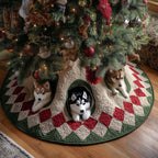 Husky in the Red Checkerboard Tunnel Christmas Tree Skirt