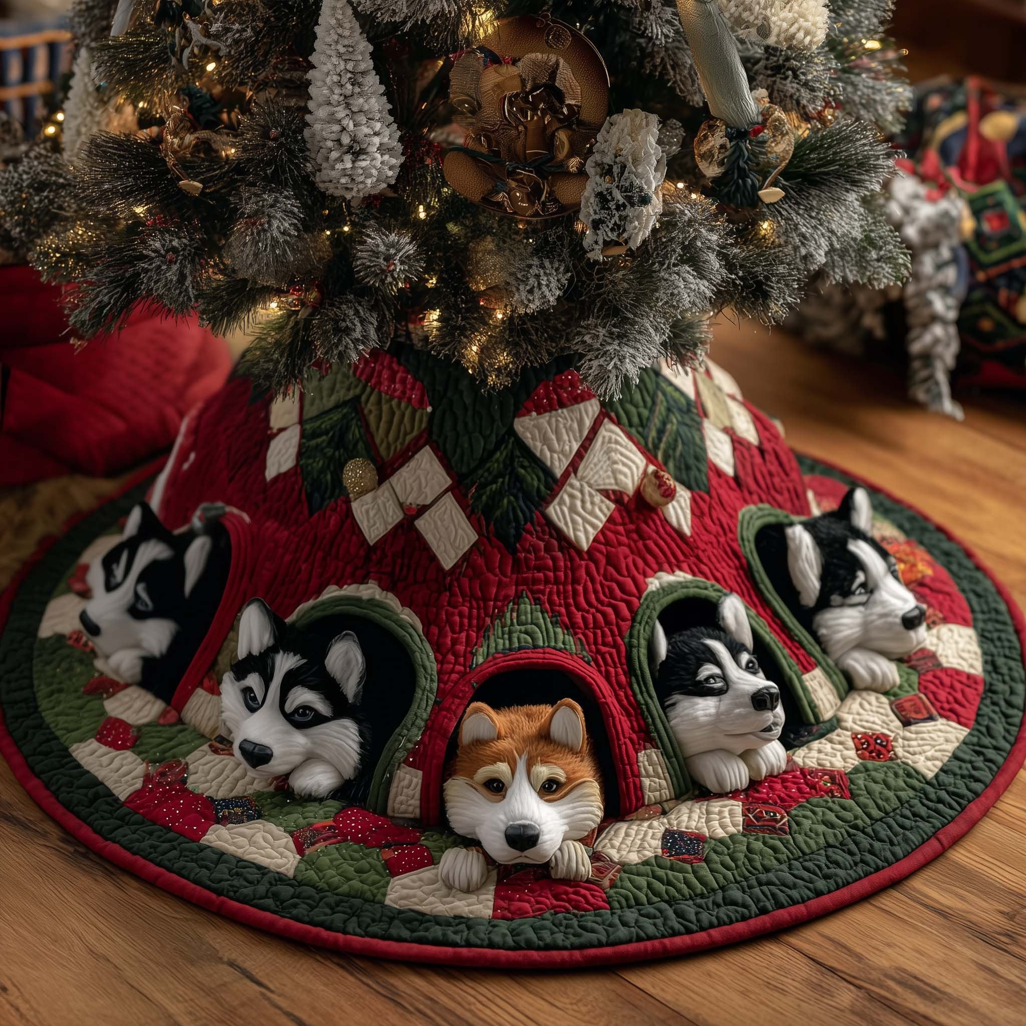 Husky Puppies in the Red Patchwork Houses Christmas Tree Skirt