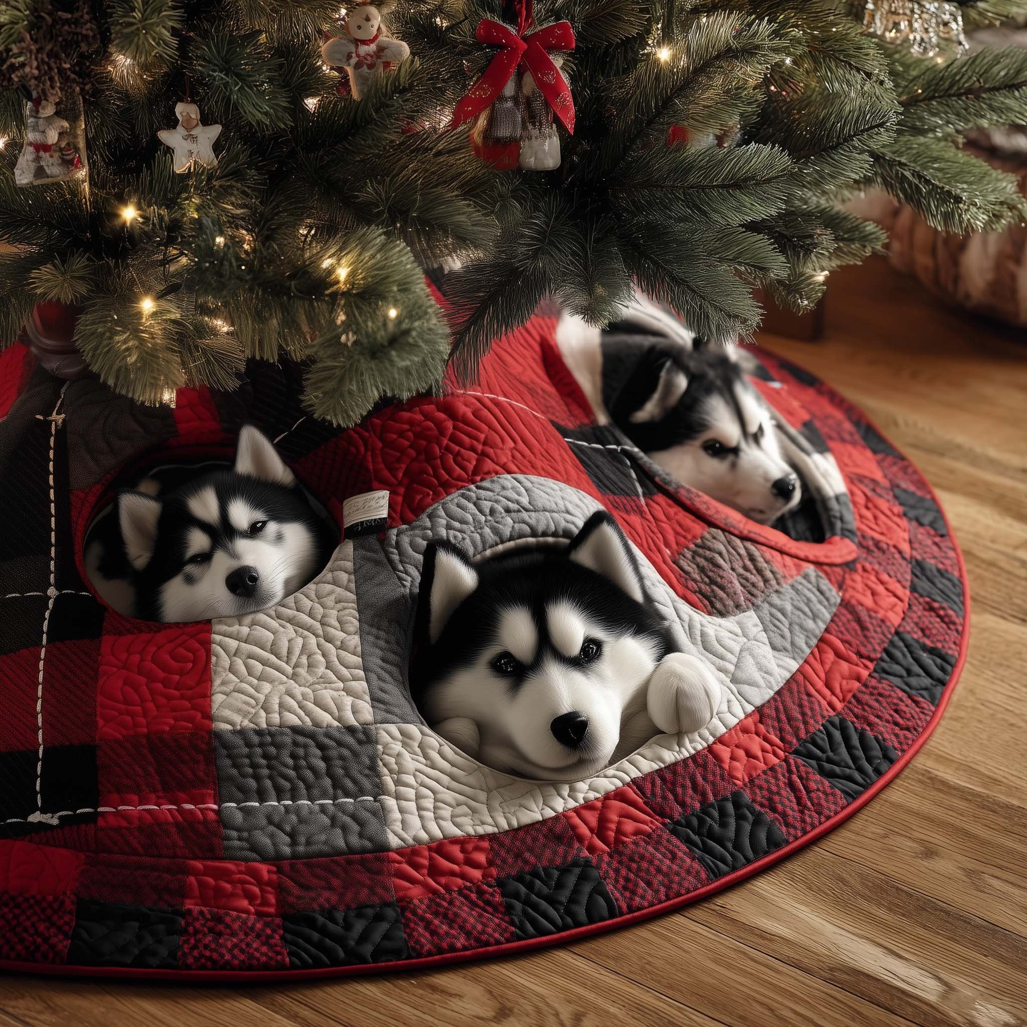 Huskies Napping on Red Buffalo Plaid Christmas Tree Skirt
