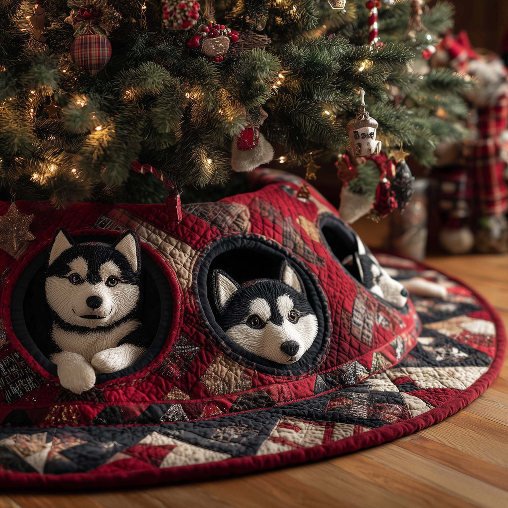 Huskies Tucked in the Plaid Quilt Christmas Tree Skirt