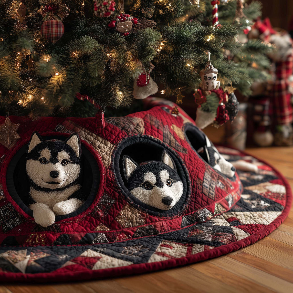 Huskies Tucked in the Plaid Quilt Christmas Tree Skirt